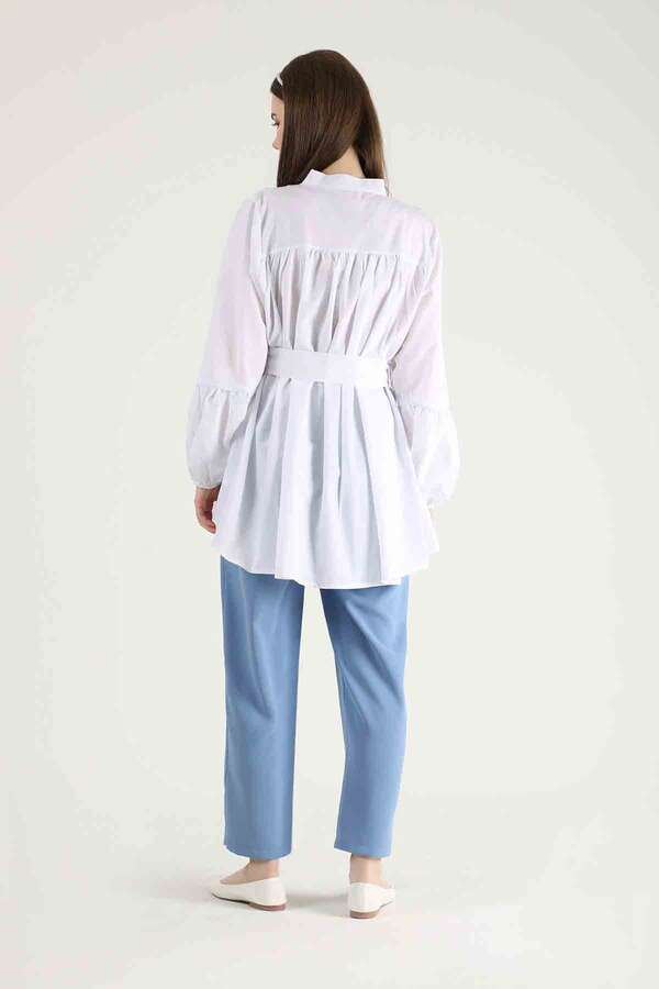 Piping Detail Belted Shirt Ecru - 5