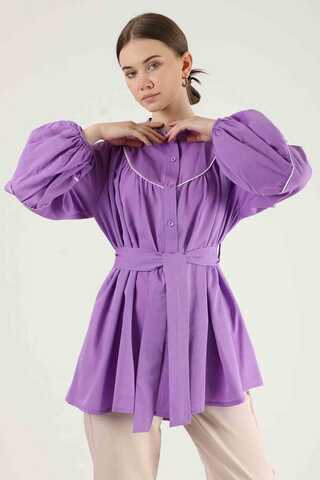 Piping Detail Belted Shirt Lilac - 2