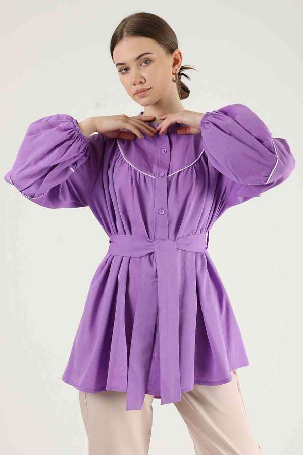 Piping Detail Belted Shirt Lilac - 2