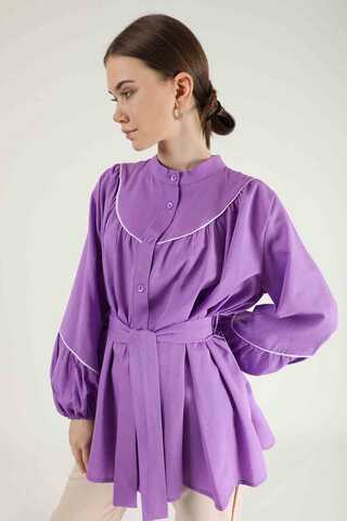Piping Detail Belted Shirt Lilac - 4