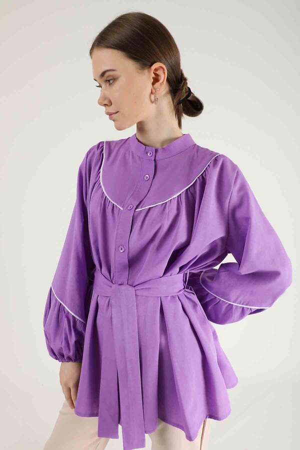 Piping Detail Belted Shirt Lilac - 4