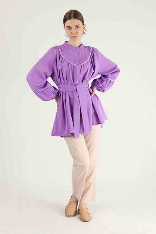 Piping Detail Belted Shirt Lilac - 1