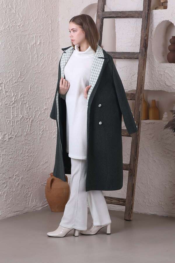 Plaid Detailed Cachet Coat Dark Green - 3