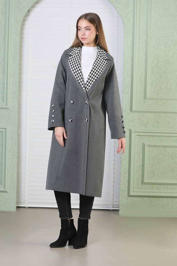 Plaid Detailed Cachet Coat Dark Grey - 3