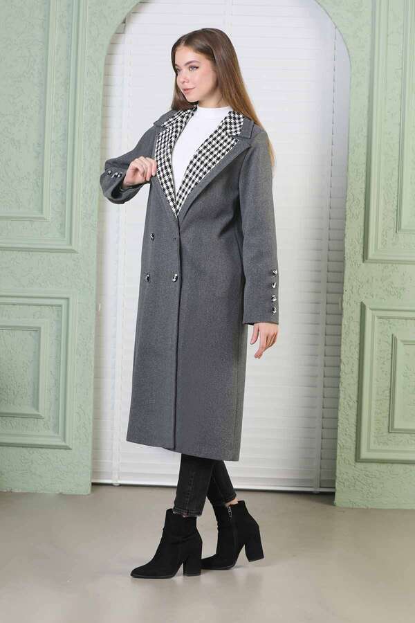 Plaid Detailed Cachet Coat Dark Grey - 4