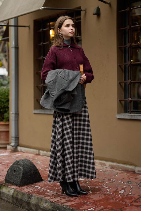 Plaid Pattern A-Line Skirt Black - 7