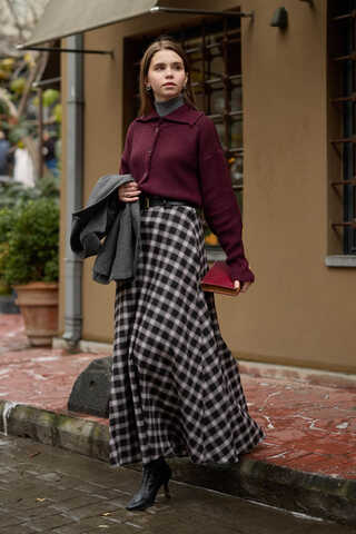 Plaid Pattern A-Line Skirt Black - 3