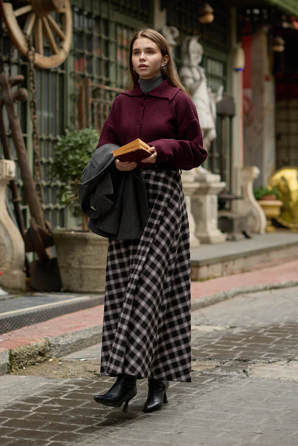 Plaid Pattern A-Line Skirt Black - 2