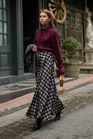 Plaid Pattern A-Line Skirt Black - 5