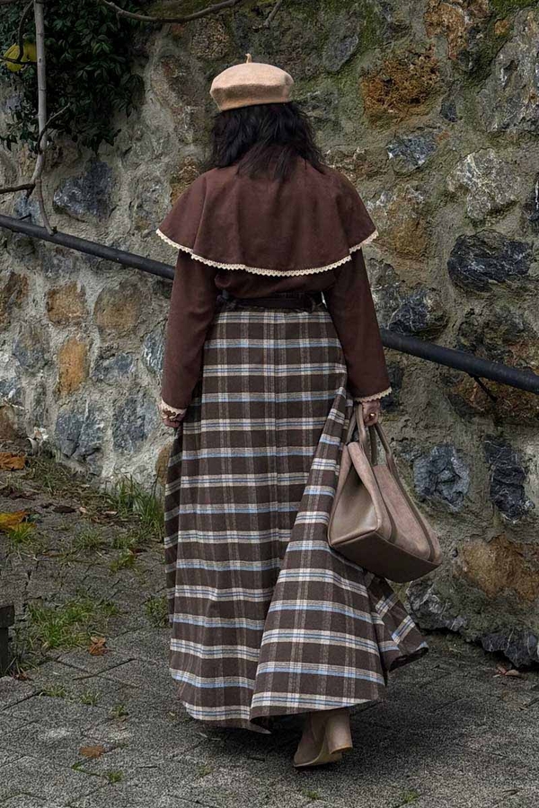 Plaid Pattern A-Line Skirt Brown - 13