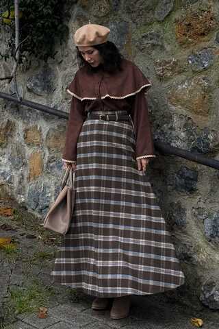Plaid Pattern A-Line Skirt Brown - 7