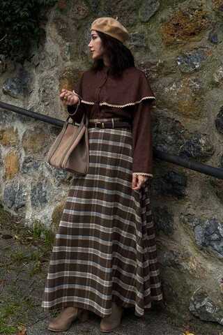 Plaid Pattern A-Line Skirt Brown - 12