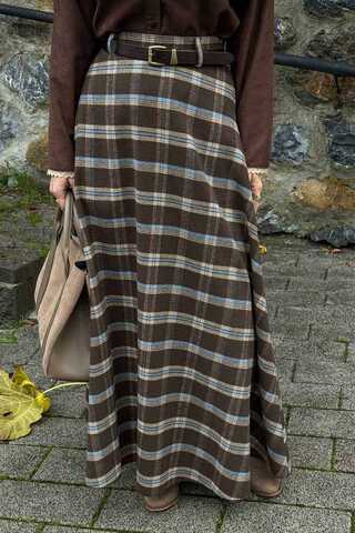 Plaid Pattern A-Line Skirt Brown - 10