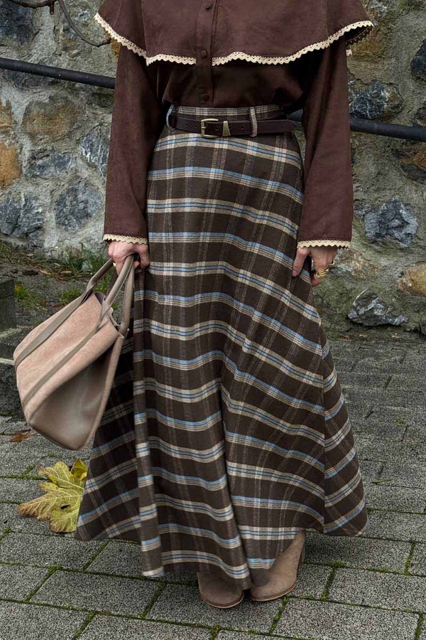 Plaid Pattern A-Line Skirt Brown - 9