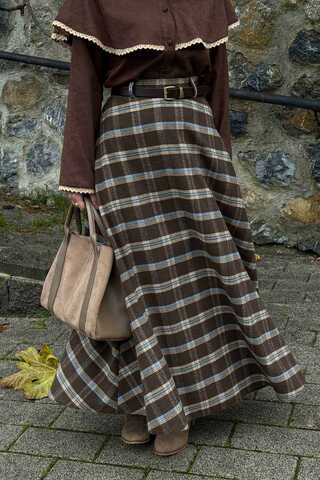 Plaid Pattern A-Line Skirt Brown - 8