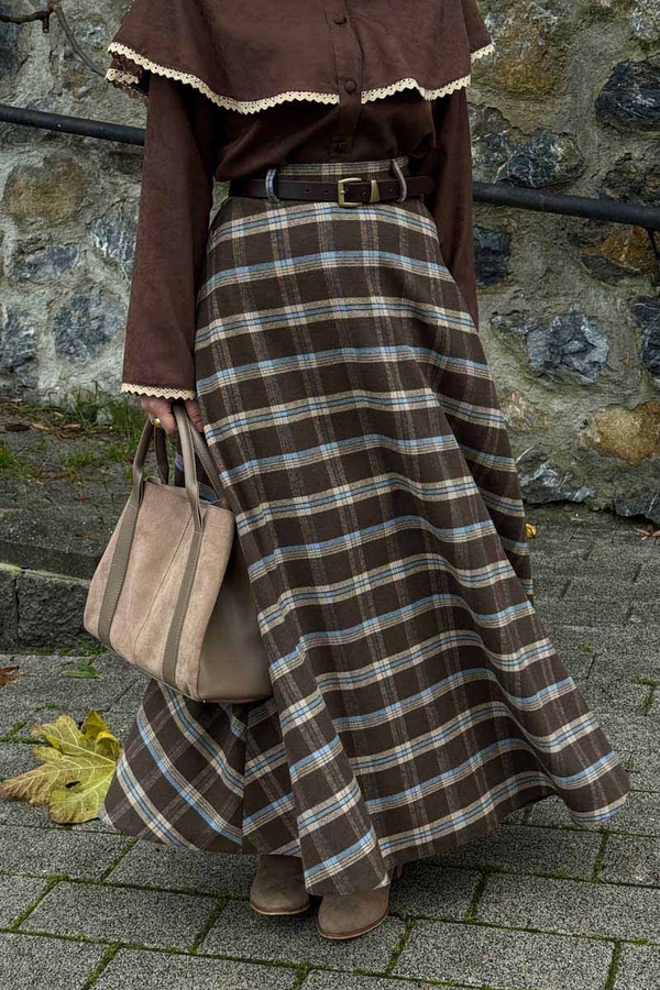 Plaid Pattern A-Line Skirt Brown - 8