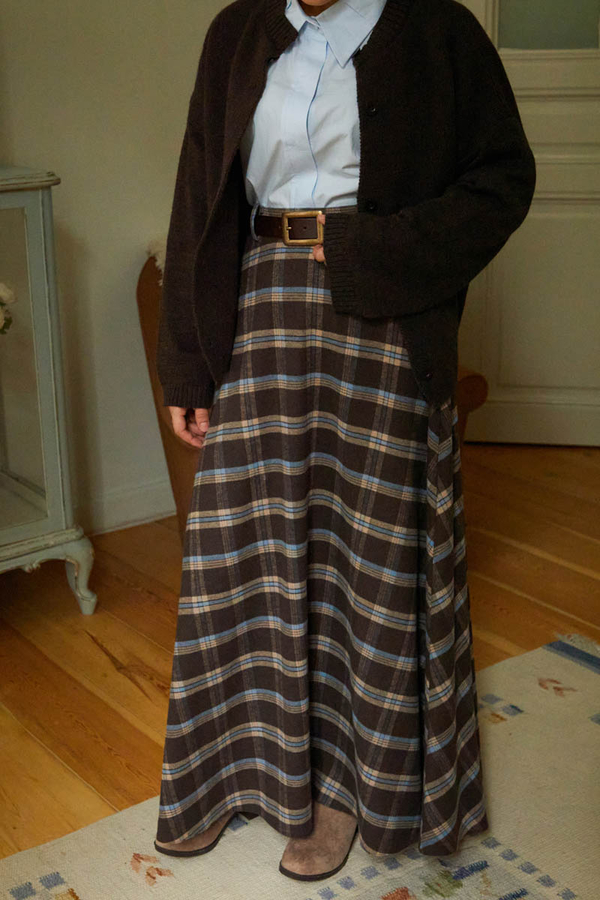 Plaid Pattern A-Line Skirt Brown - 6