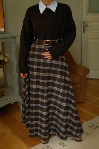 Plaid Pattern A-Line Skirt Brown - 5