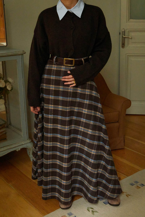 Plaid Pattern A-Line Skirt Brown - 5