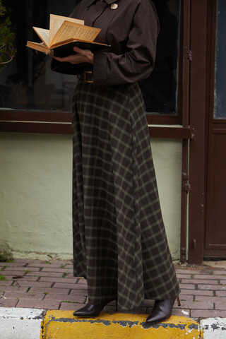 Plaid Pattern A-Line Skirt Dark Coffee - 8