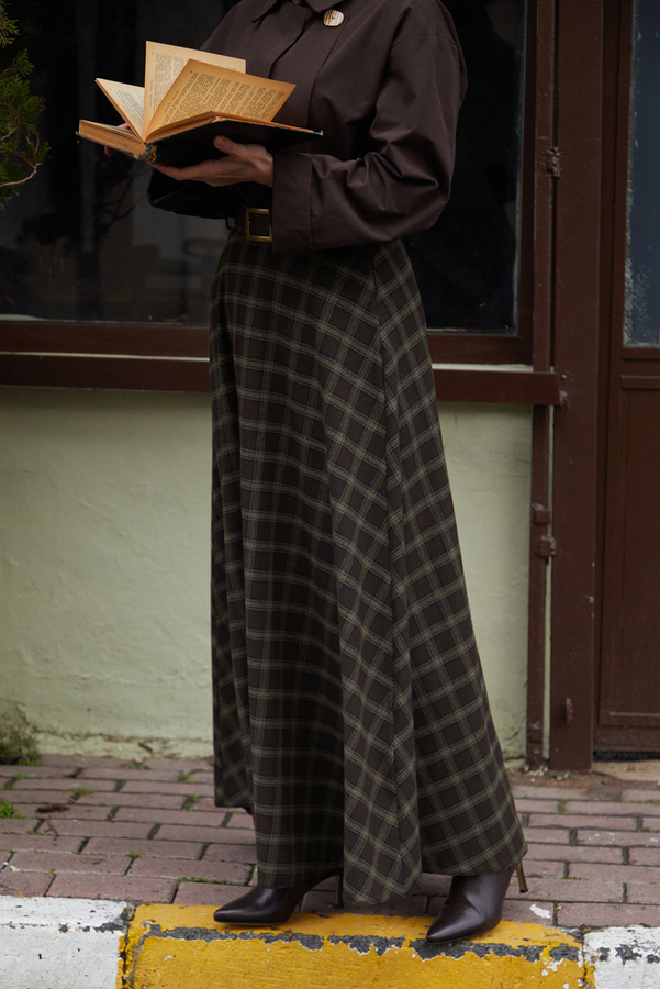 Plaid Pattern A-Line Skirt Dark Coffee - 8