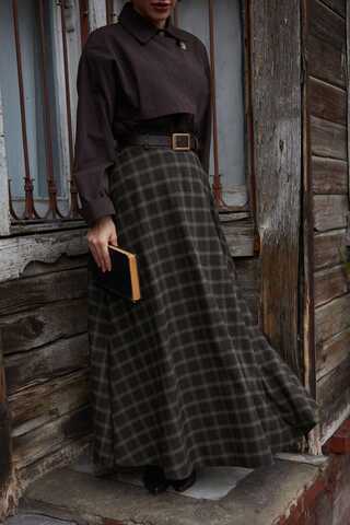 Plaid Pattern A-Line Skirt Dark Coffee - 13