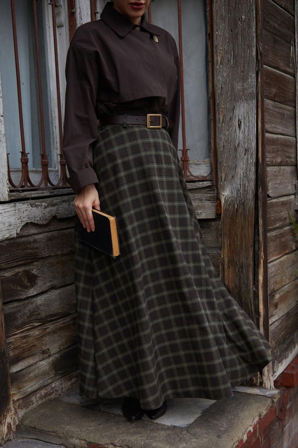 Plaid Pattern A-Line Skirt Dark Coffee - 13