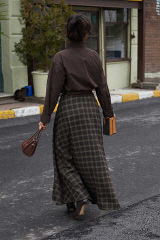 Plaid Pattern A-Line Skirt Dark Coffee - 14