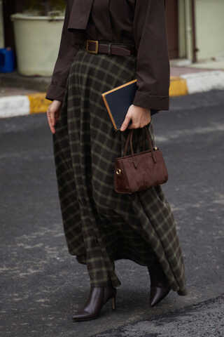 Plaid Pattern A-Line Skirt Dark Coffee - 11