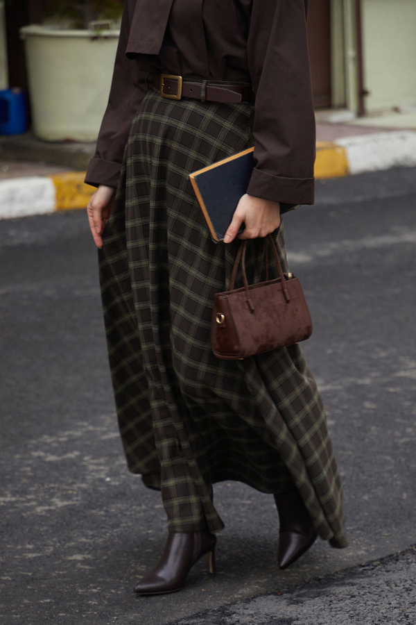 Plaid Pattern A-Line Skirt Dark Coffee - 11