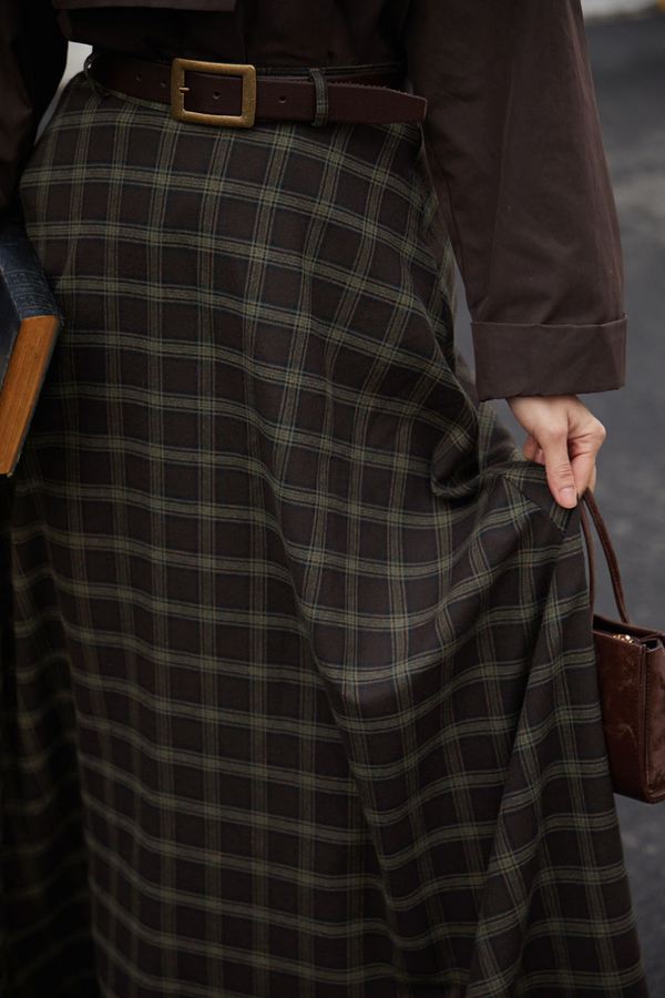 Plaid Pattern A-Line Skirt Dark Coffee - 12