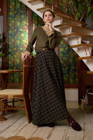 Plaid Pattern A-Line Skirt Dark Coffee - 2