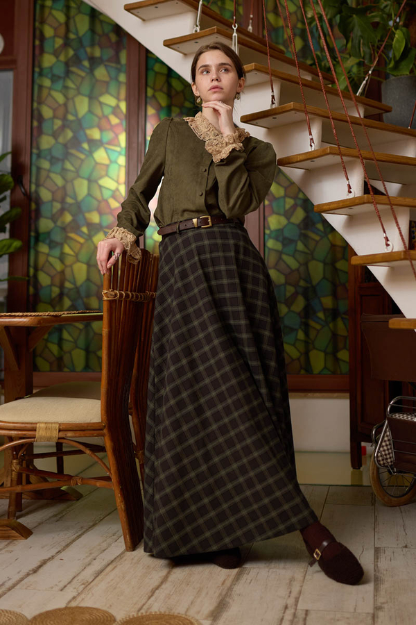 Plaid Pattern A-Line Skirt Dark Coffee - 2