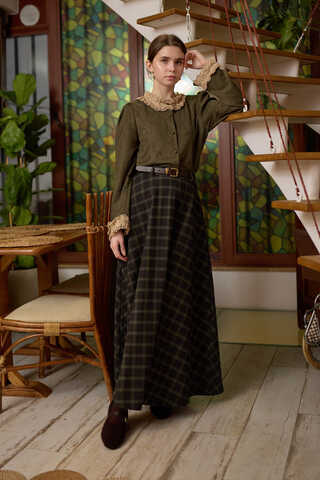Plaid Pattern A-Line Skirt Dark Coffee - 1