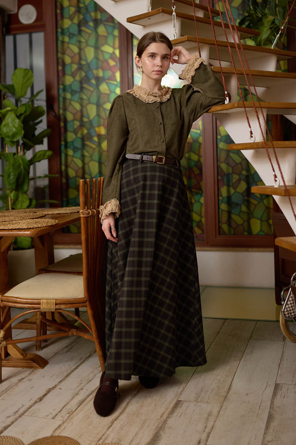 Plaid Pattern A-Line Skirt Dark Coffee