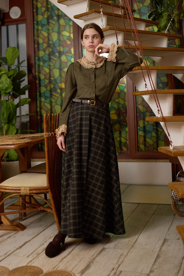Plaid Pattern A-Line Skirt Dark Coffee - 7