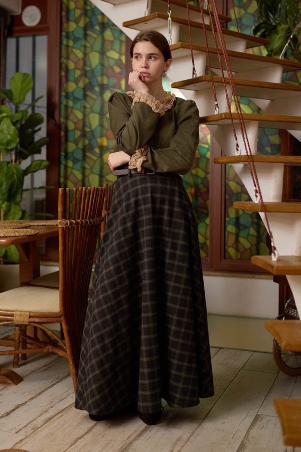 Plaid Pattern A-Line Skirt Dark Coffee - 3