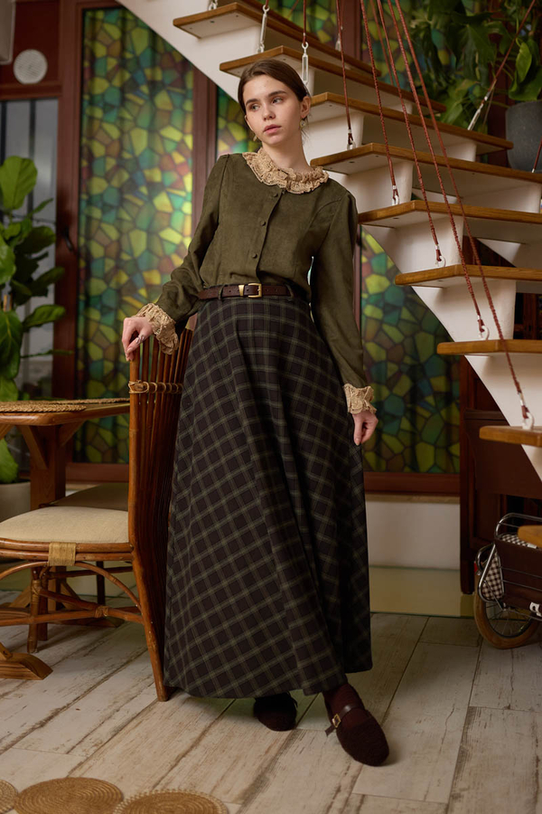 Plaid Pattern A-Line Skirt Dark Coffee - 4