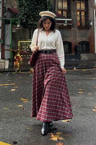 Plaid Pattern A-Line Skirt Dark Red - 1