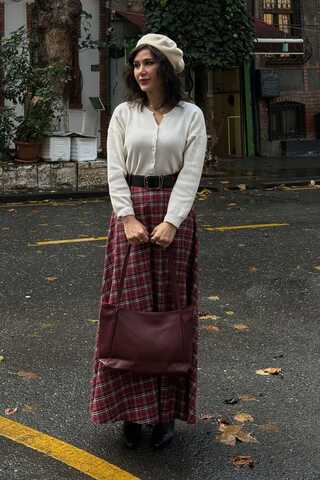 Plaid Pattern A-Line Skirt Dark Red - 2
