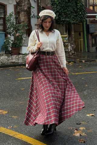 Plaid Pattern A-Line Skirt Dark Red - 3