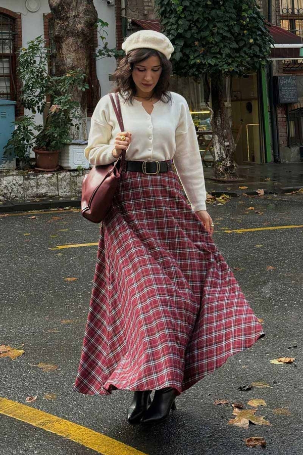 Plaid Pattern A-Line Skirt Dark Red - 3