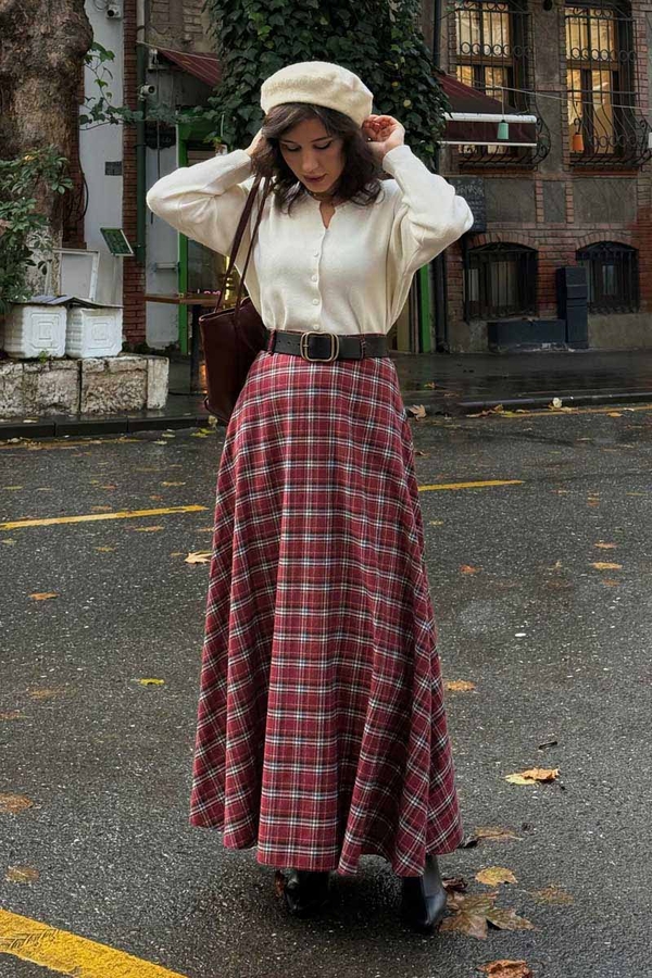 Plaid Pattern A-Line Skirt Dark Red - 4