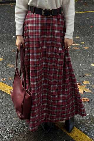 Plaid Pattern A-Line Skirt Dark Red - 5