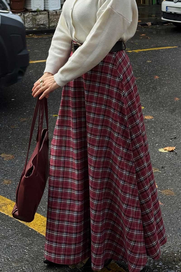 Plaid Pattern A-Line Skirt Dark Red - 6