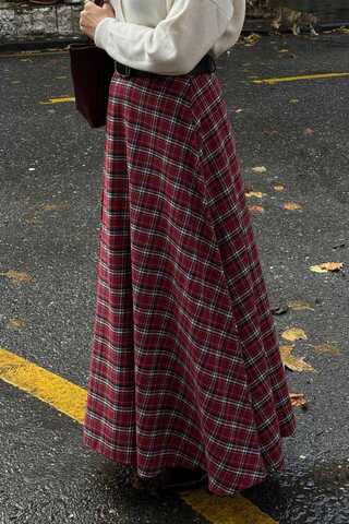 Plaid Pattern A-Line Skirt Dark Red - 7