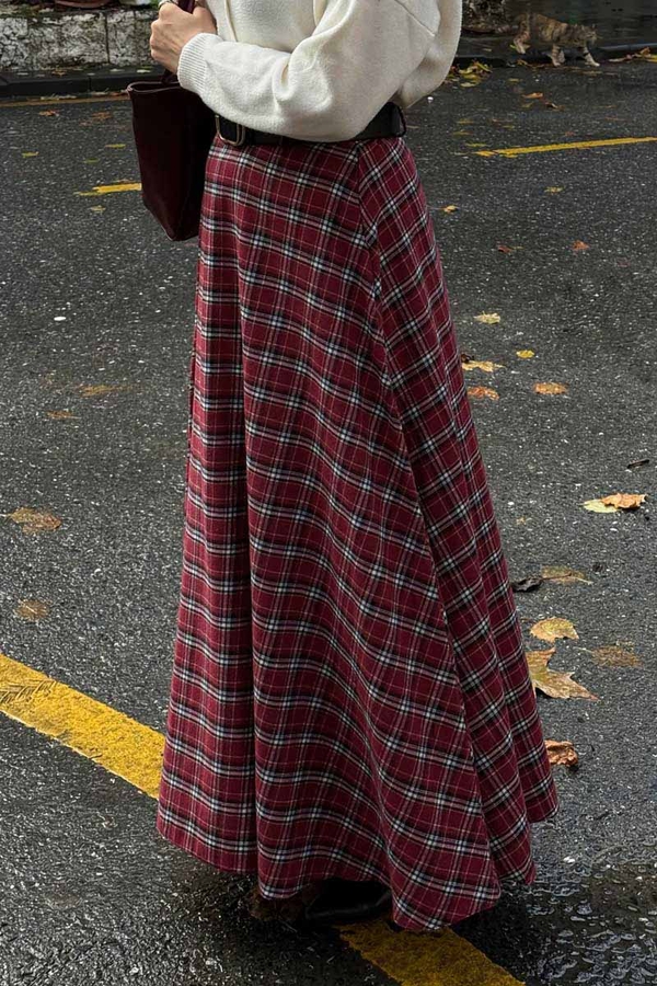 Plaid Pattern A-Line Skirt Dark Red - 7