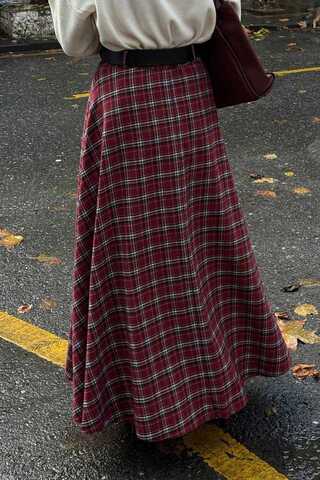 Plaid Pattern A-Line Skirt Dark Red - 11