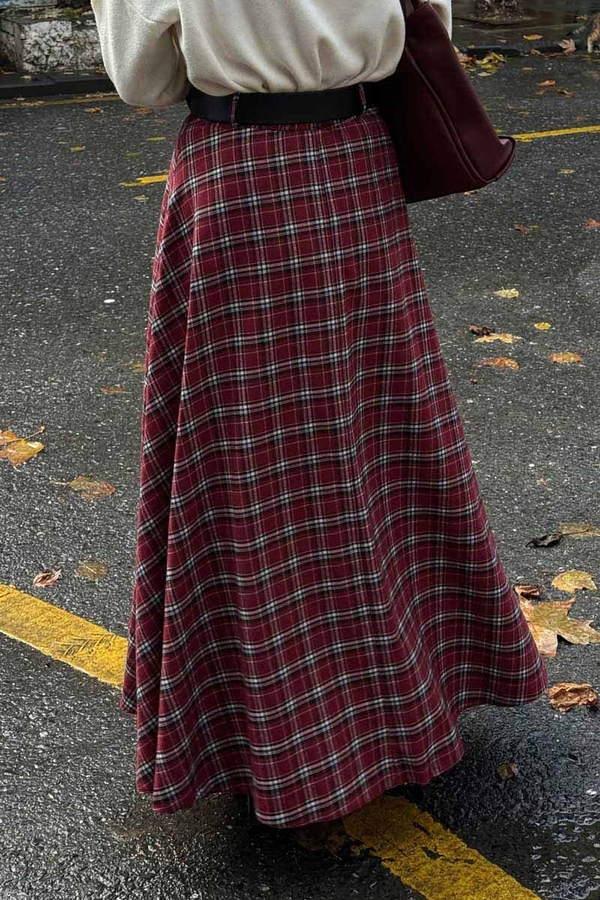 Plaid Pattern A-Line Skirt Dark Red - 11