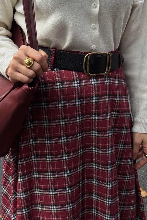 Plaid Pattern A-Line Skirt Dark Red - 8